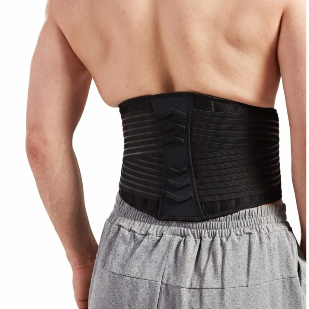 Bodyprox Lumbar Support Back Brace worn on the lower back, rear view